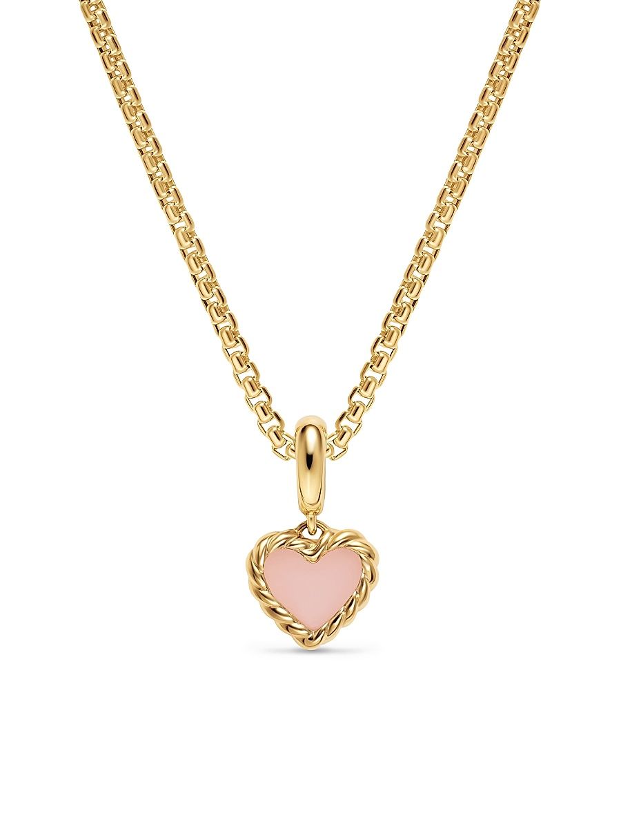 Women's Petite DY Elements Heart Station Pendant in 18K Yellow Gold - Pink Opal