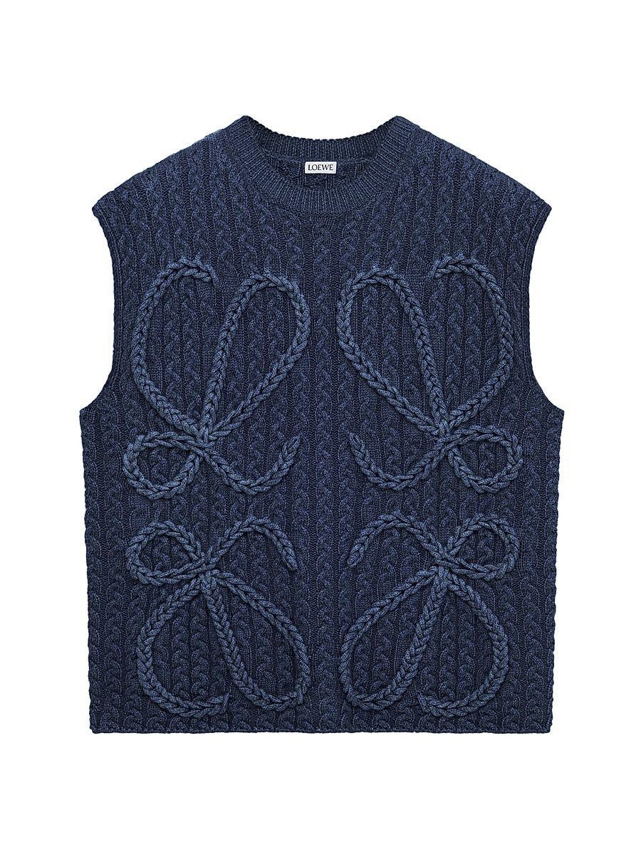 Women's Anagram Cable-Knit Wool Sweater Vest - Navy Blue - Size Large