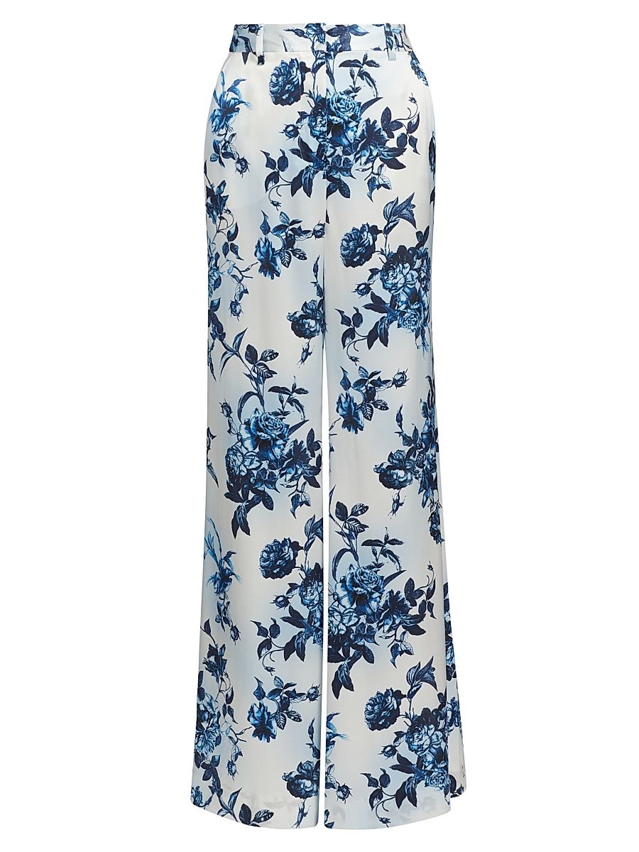 Women's Pilar Rose Print Silk Wide-Leg Pants - White Blue Painterly Floral - Size 6