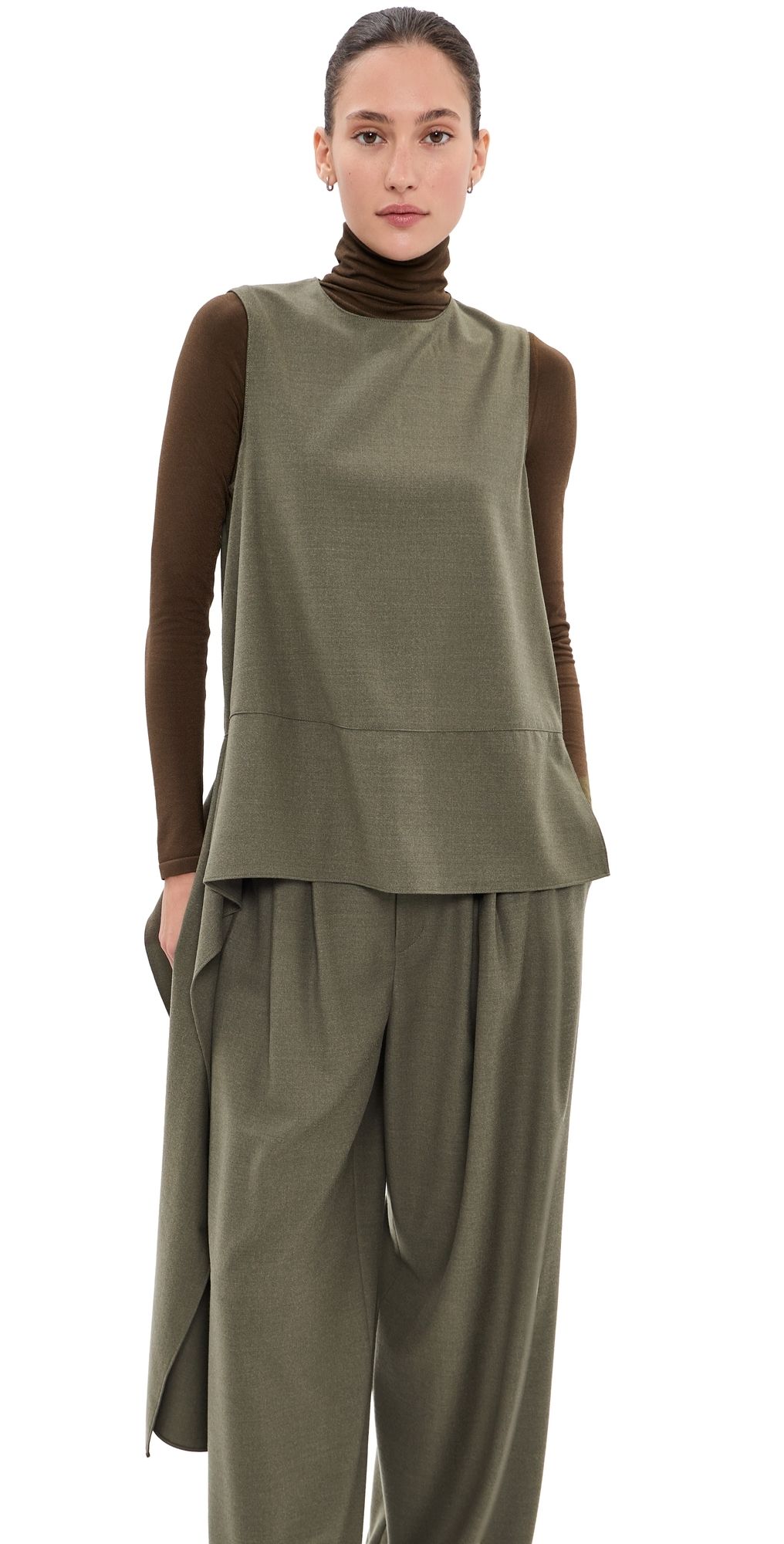 Tibi Cozy Flannel Asymmetrical Sleeveless Top Army Green 2