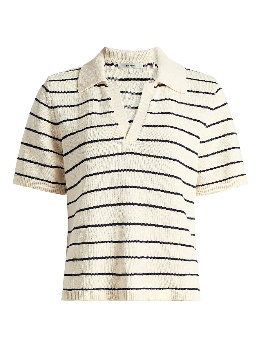 Women's Striped Cotton Polo Shirt - Cream Multi - Size XL