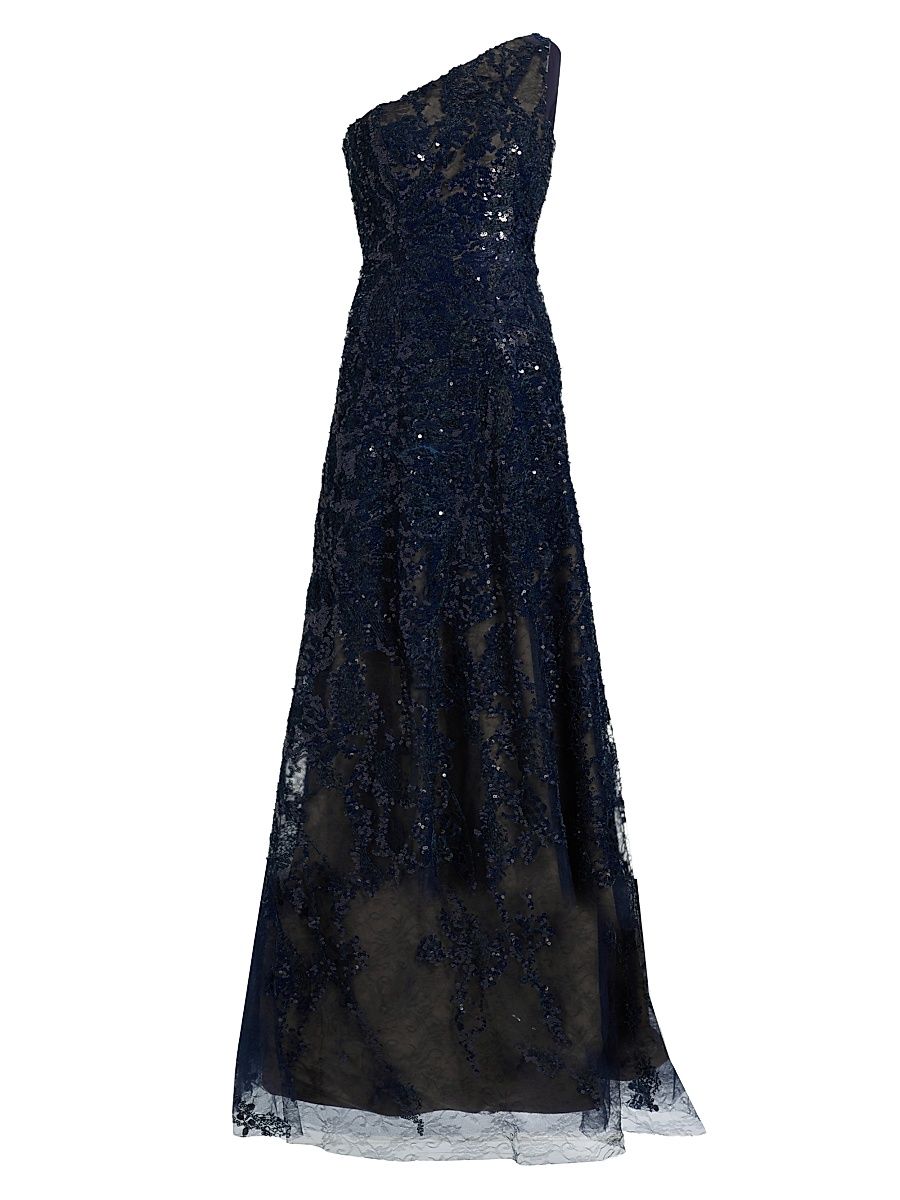 Women's Embellished Tulle One-Shoulder A-Line Gown - Navy - Size 16