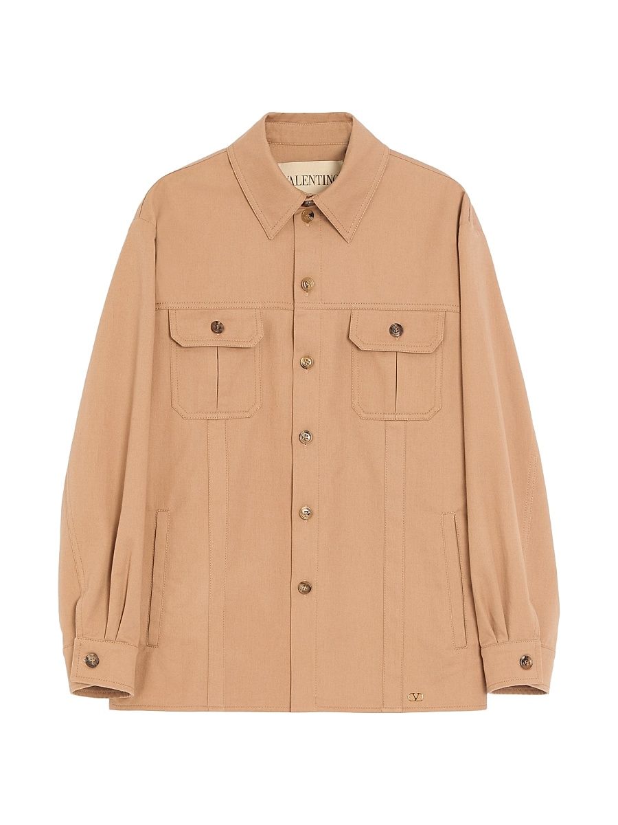 Men's Cotton Gabardine Shirt Jacket with VLogo - Camel - Size 38