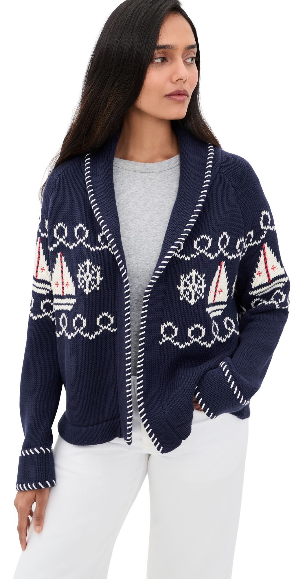 Marea Nautical Intarsia Shawl Cardigan Navy L