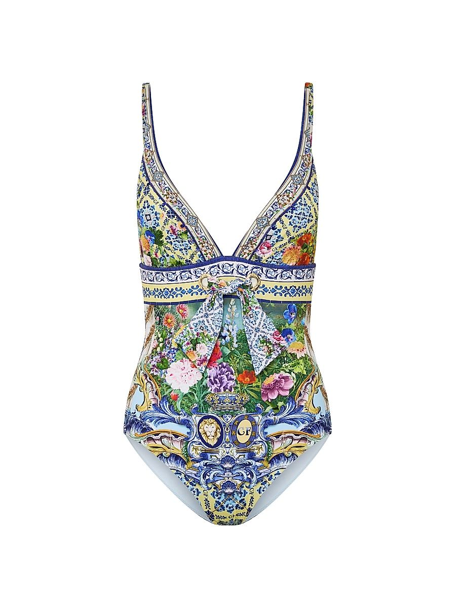 Women's Printed Eyelet Tie One-Piece Swimsuit - Wall To Wall Wonders - Size XS