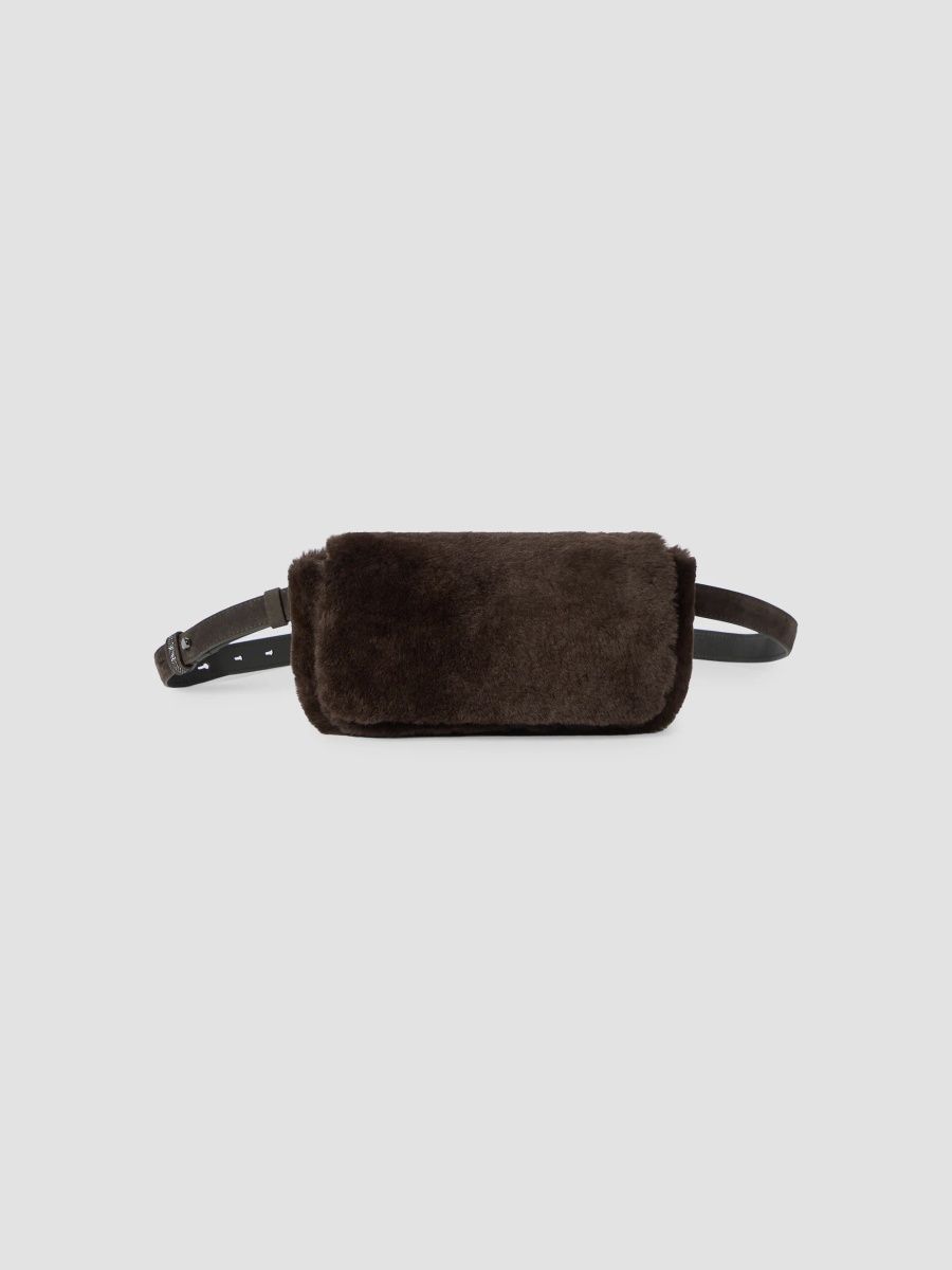 Brunello Cucinelli Women's Explorer Small Belted Bag in Shearling with Precious Chain - Brown