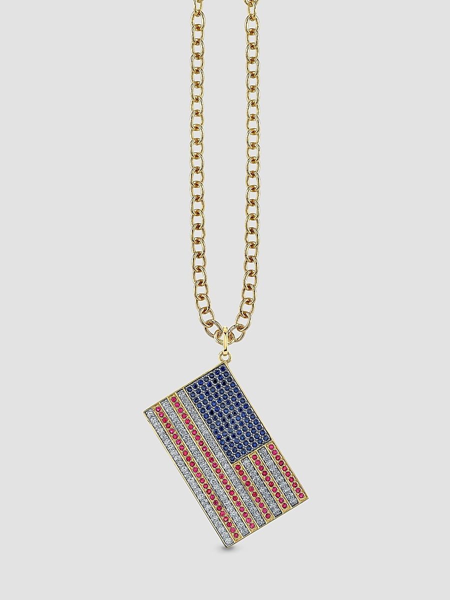Women's 14K Gold, Ruby, Sapphire & 0.71 TCW Diamond American Flag Pendant Necklace - Yellow Gold