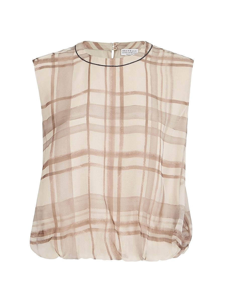 Women's Silk Organza T-Shirt in Macrocheck Print with Shiny Neck Detail - Beige - Size XXXL