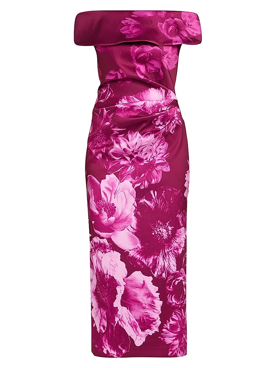 Women's Ruched Floral Off-The-Shoulder Midi-Dress - Dark Pink - Size 16