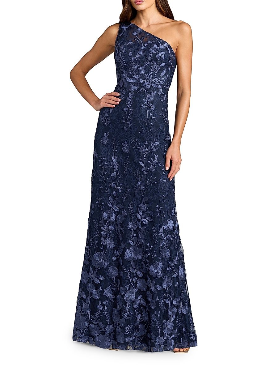 Women's Petite Floral-Embroidered One-Shoulder Gown - Midnight - Size 16