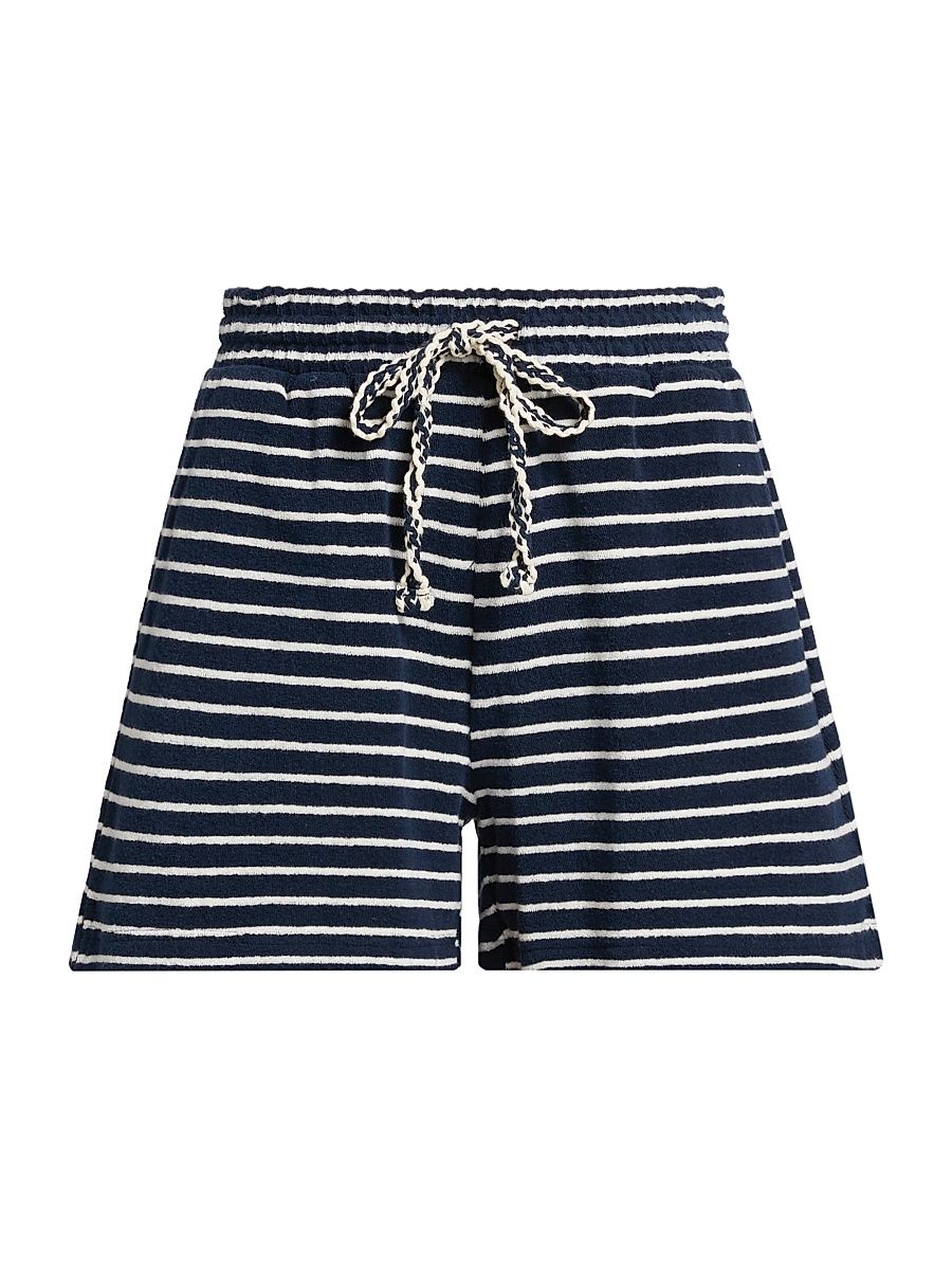 Women's Teddy Striped Cotton Terry Shorts - Navy Ivory Stripe - Size Small
