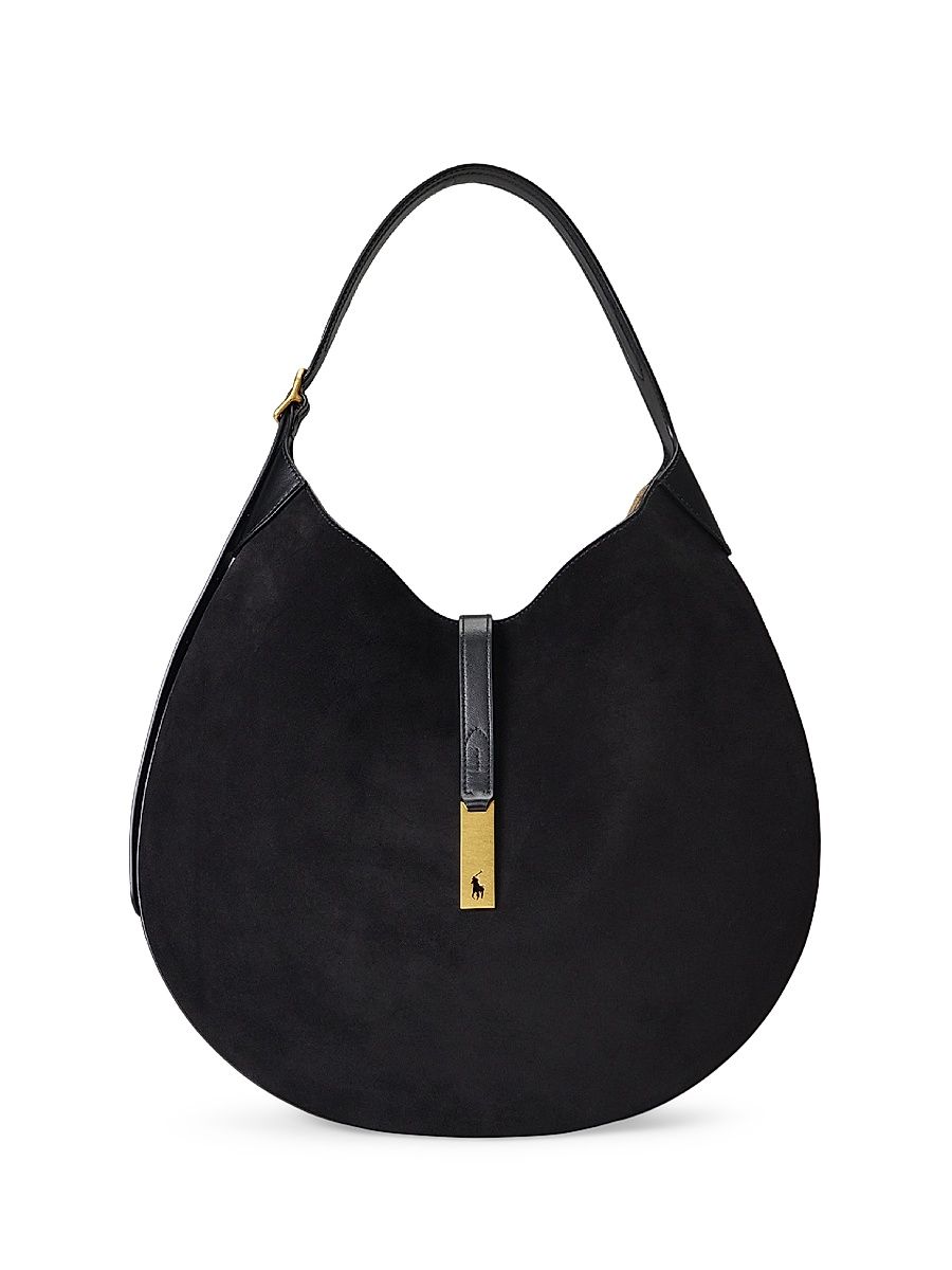 Women's Large Polo ID Suede Shoulder Bag - Black
