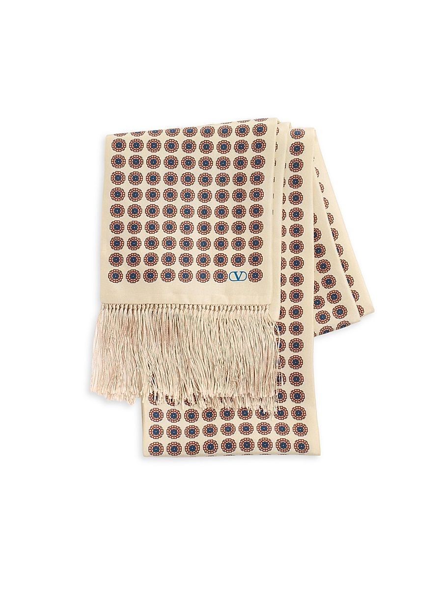 Men's Chamber Silk Bandeau Scarf with Fringe - Cream