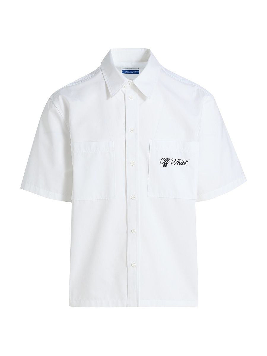 Men's Script Summer Poplin Button-Front Shirt - White Black - Size 44