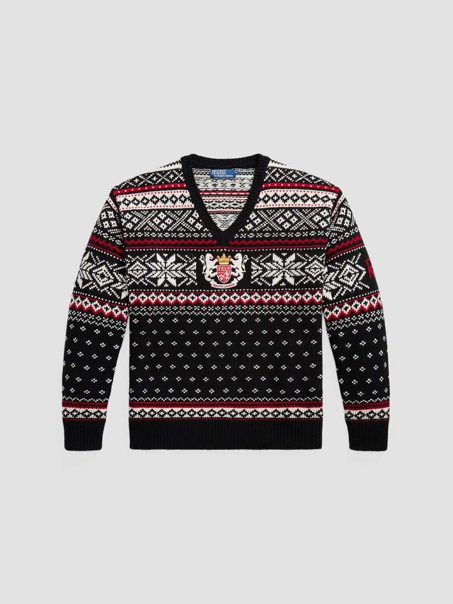 Polo Ralph Lauren Men's Embroidered Wool V-Neck Sweater - Black Combo - Size XXL