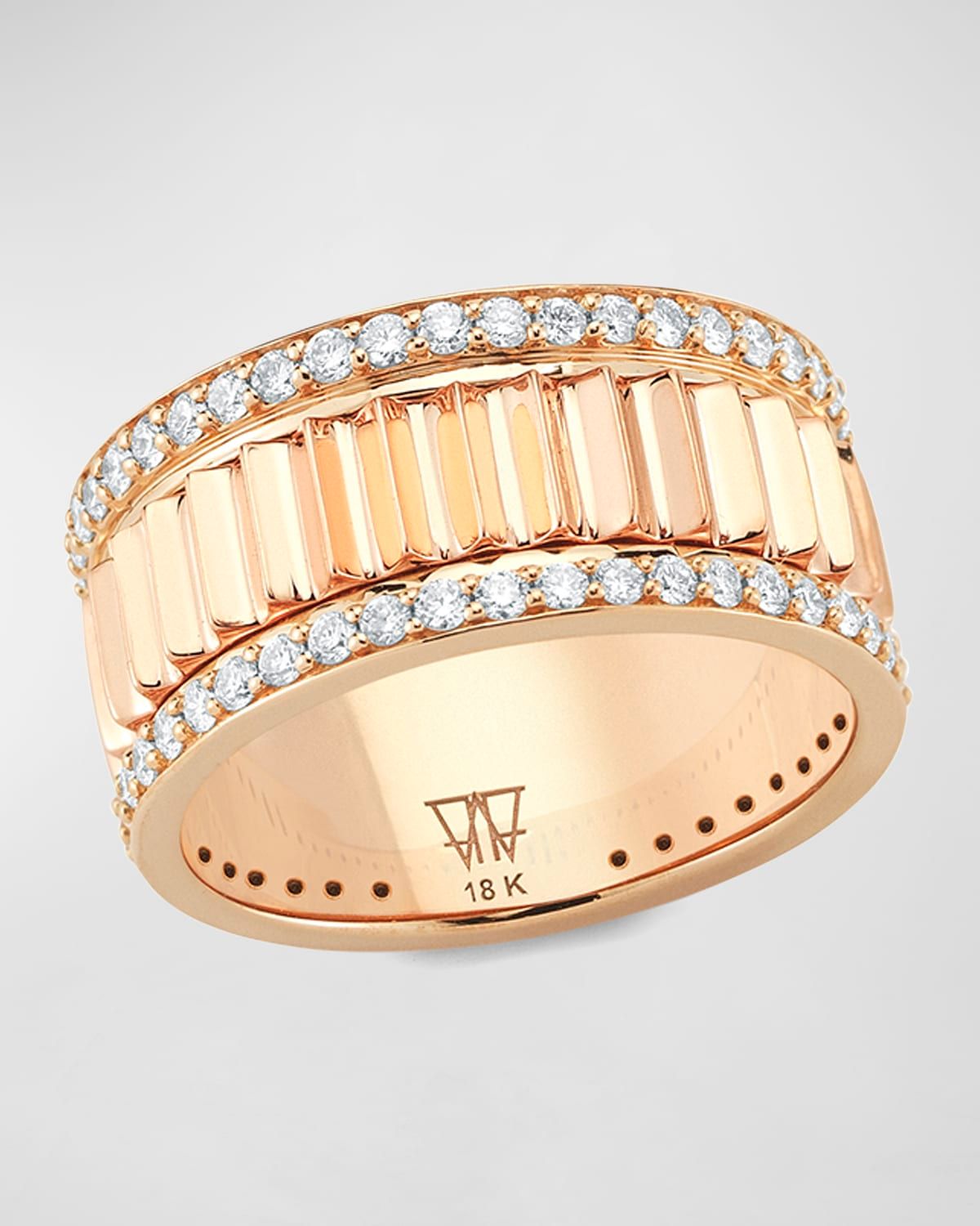 Clive Rose Gold Narrow Fluted Band Ring with Diamonds Rails