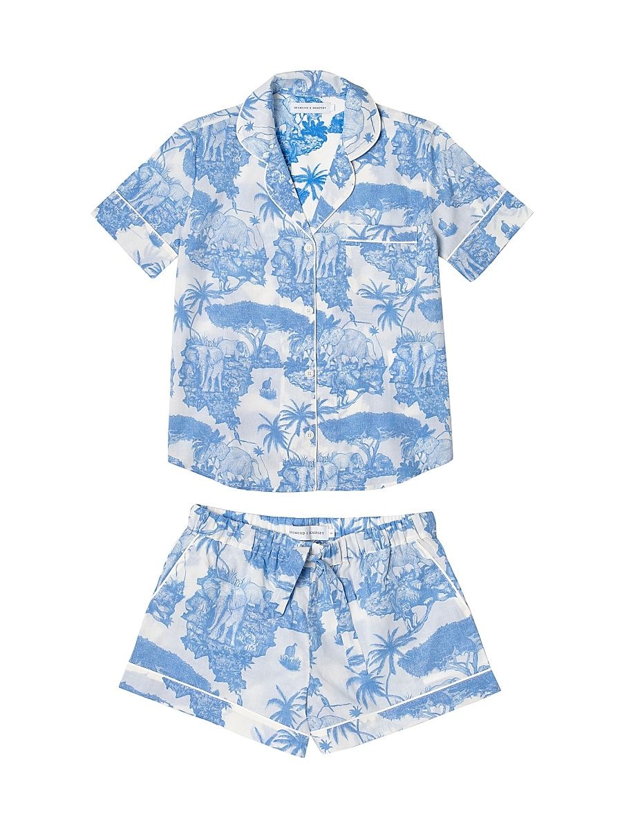 Women's 2-Piece Printed Cotton Short Pajama Set - Blue - Size Large