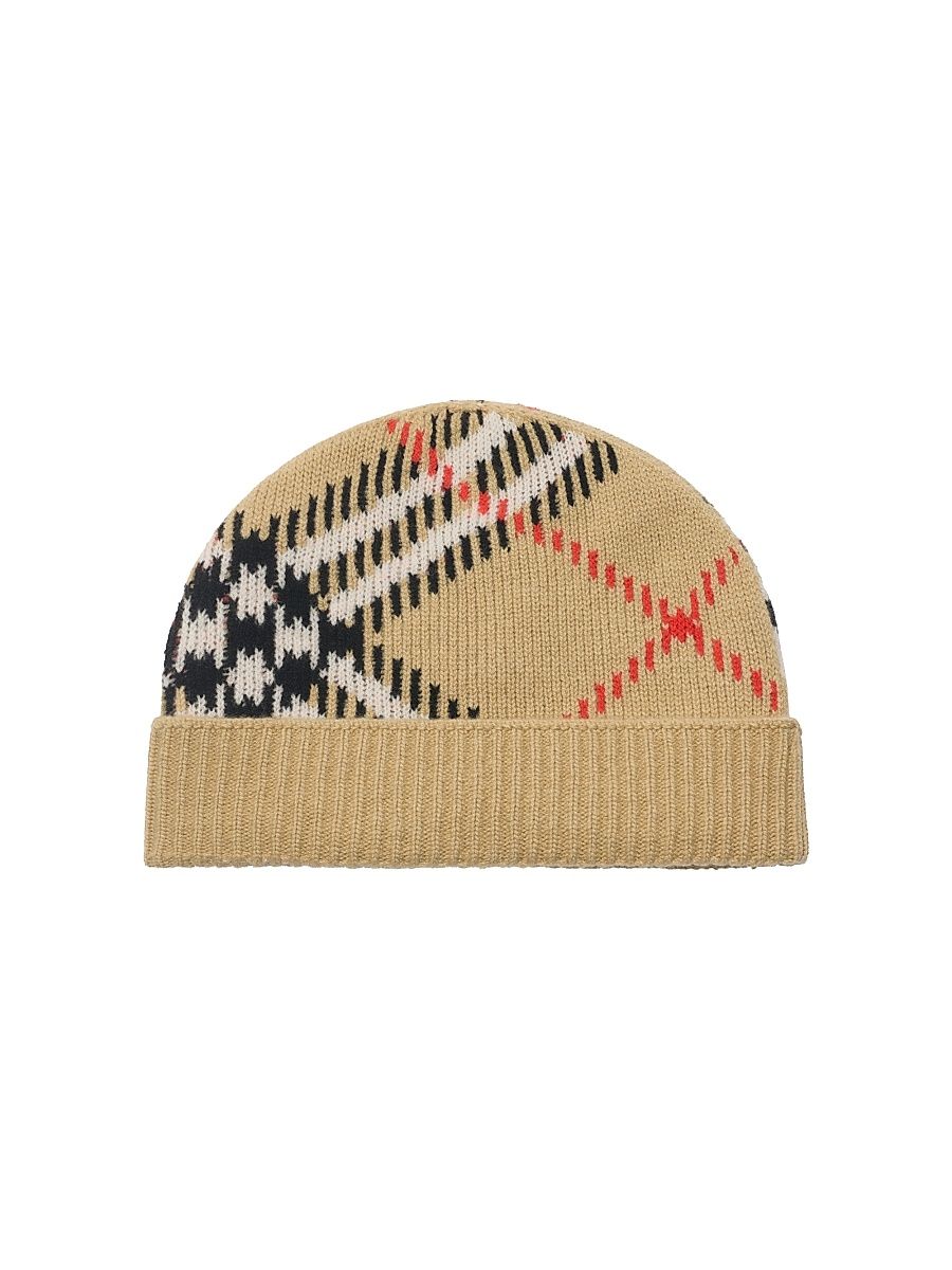 Men's Check Cashmere Knit Beanie - Sand