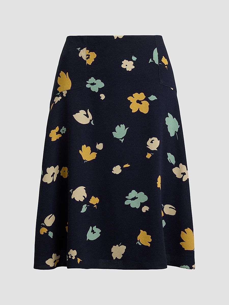 Women's Floral Crepe Knee-Length Skirt - Tulip Navy Yellow - Size 8