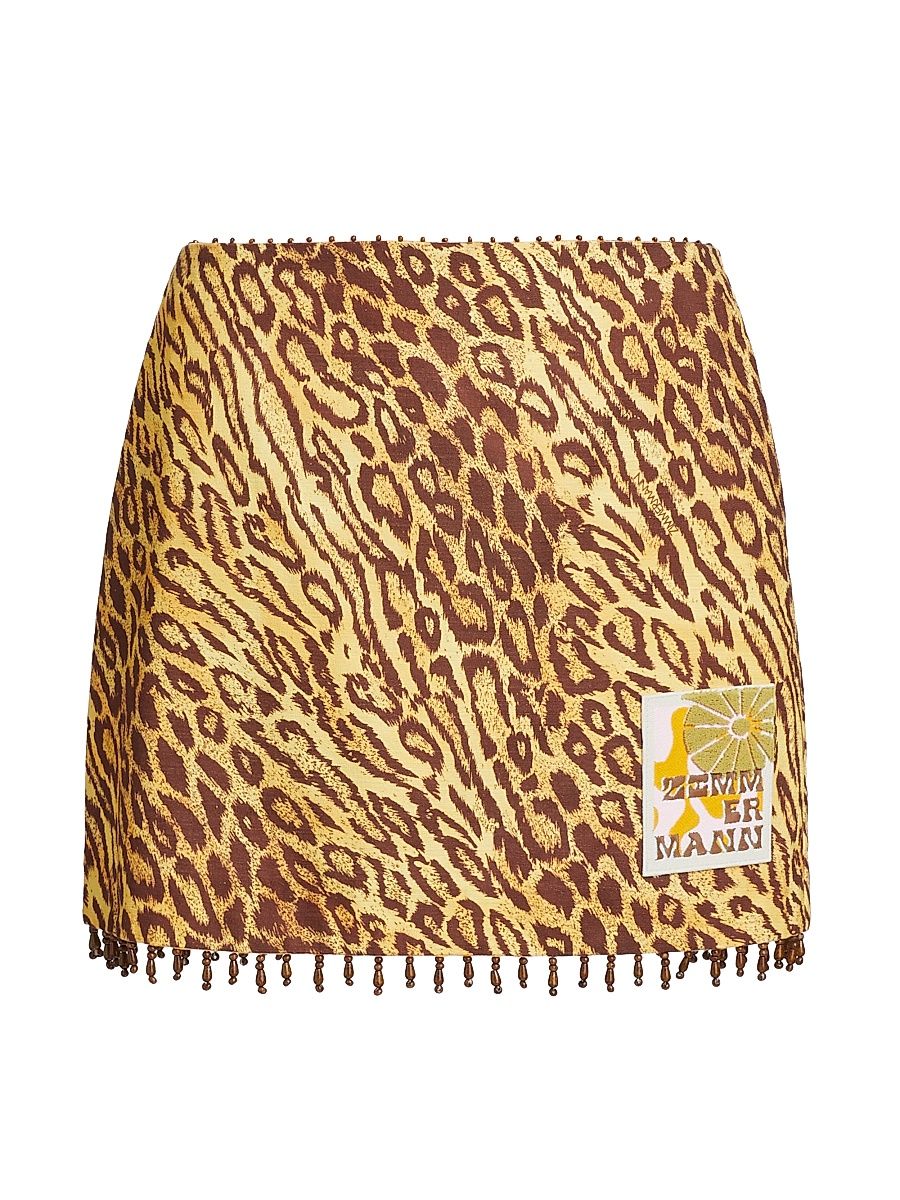 Women's Coco Beaded Fringe Leopard-Printed Miniskirt - Leopard - Size 8