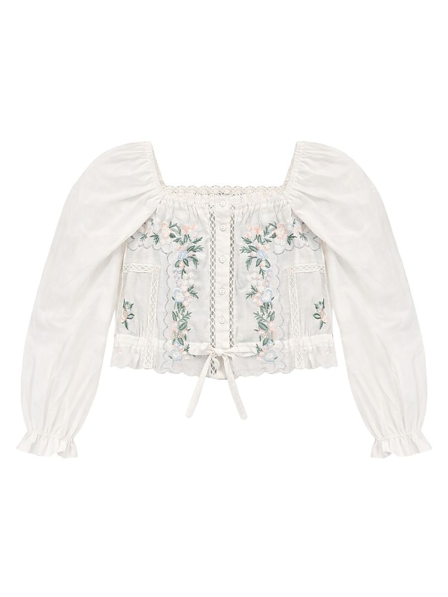 Girl's Allegra Floral-Embroidered Long-Sleeve Top - Creamsilverlurex - Size 14