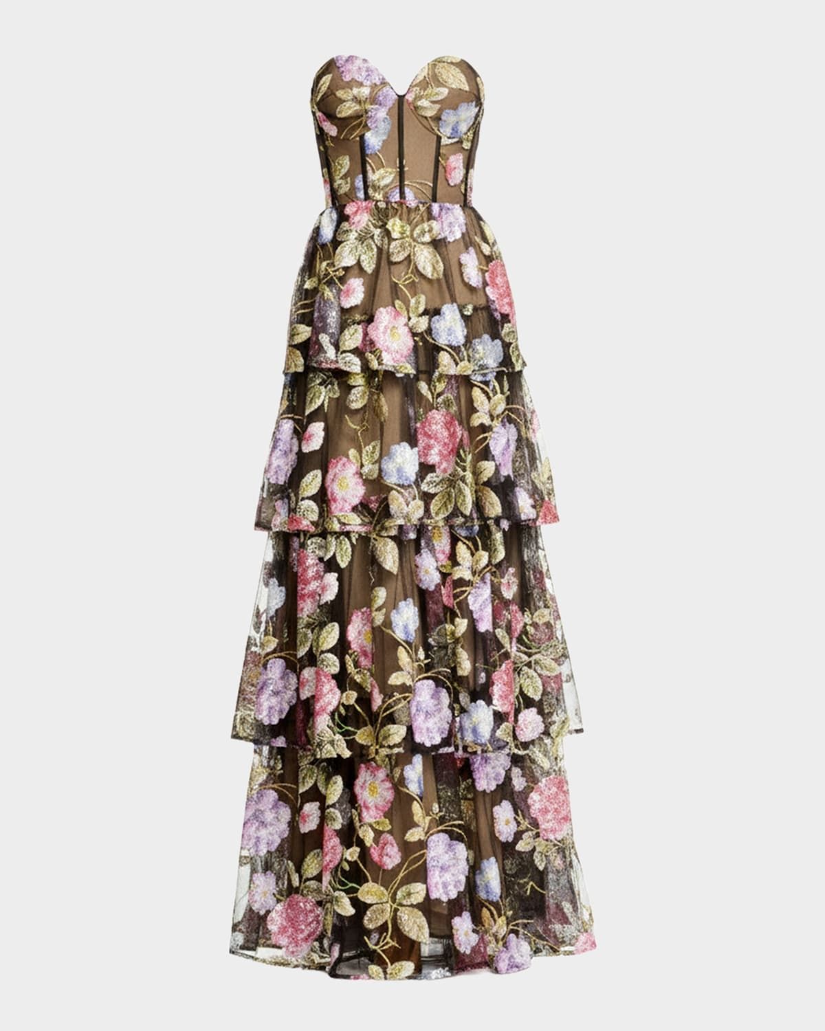 Layana Strapless Tiered Floral Sequin Gown