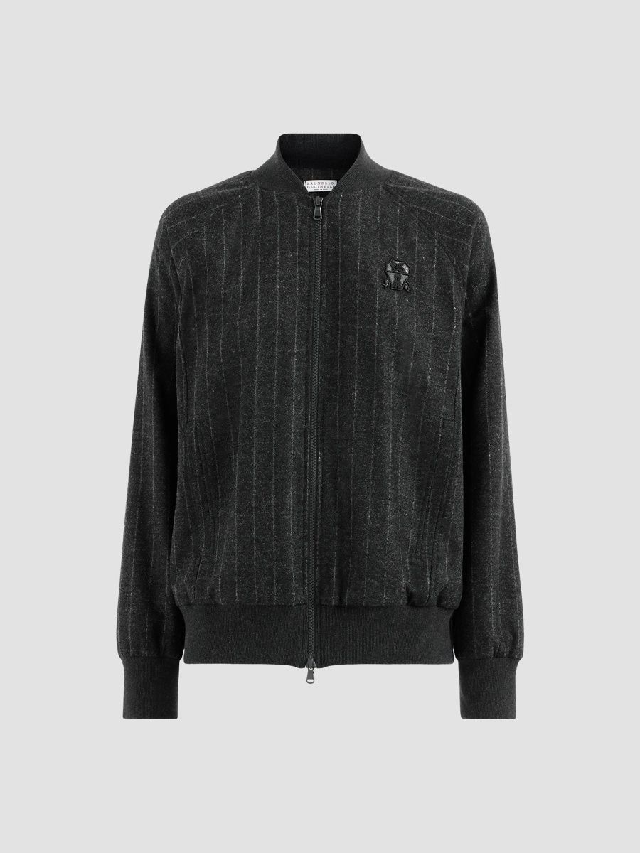 Brunello Cucinelli Women's Comfort Virgin Wool Dazzling Chalk Stripe Sweatshirt with Logo - Anthracite - Size XXS