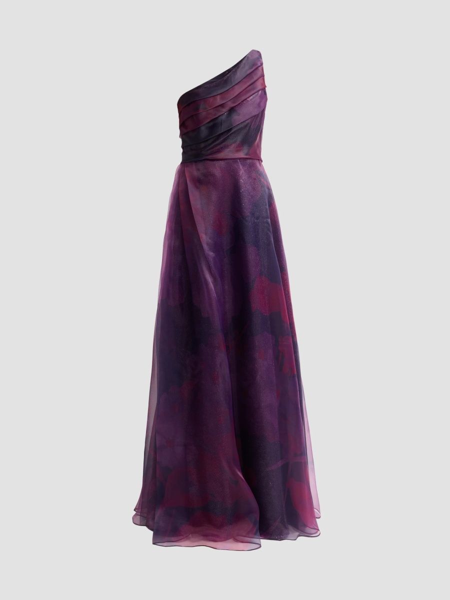 Rene Ruiz Collection Women's Floral Pleated One-Shoulder Gown - Wine - Size 16