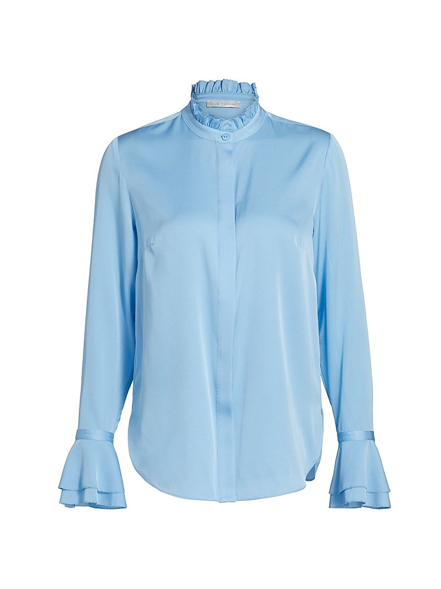 Women's The Adair Ruffle-Trimmed Stretch-Silk Button-Front Blouse - Fountain Blue - Size XL