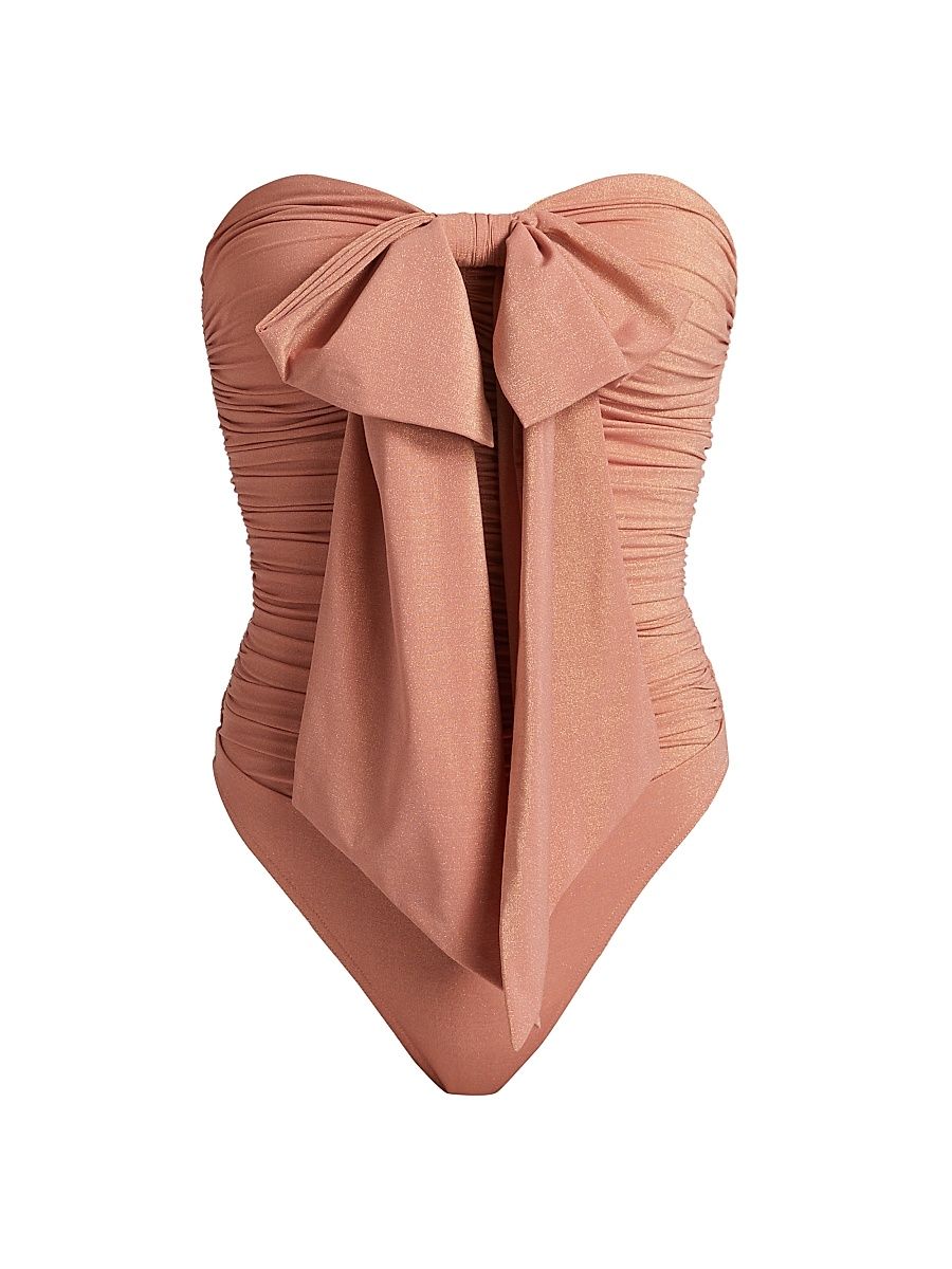 Women's Coco Glitter Ruched Bow One-Piece Swimsuit - Shell Pink - Size 8