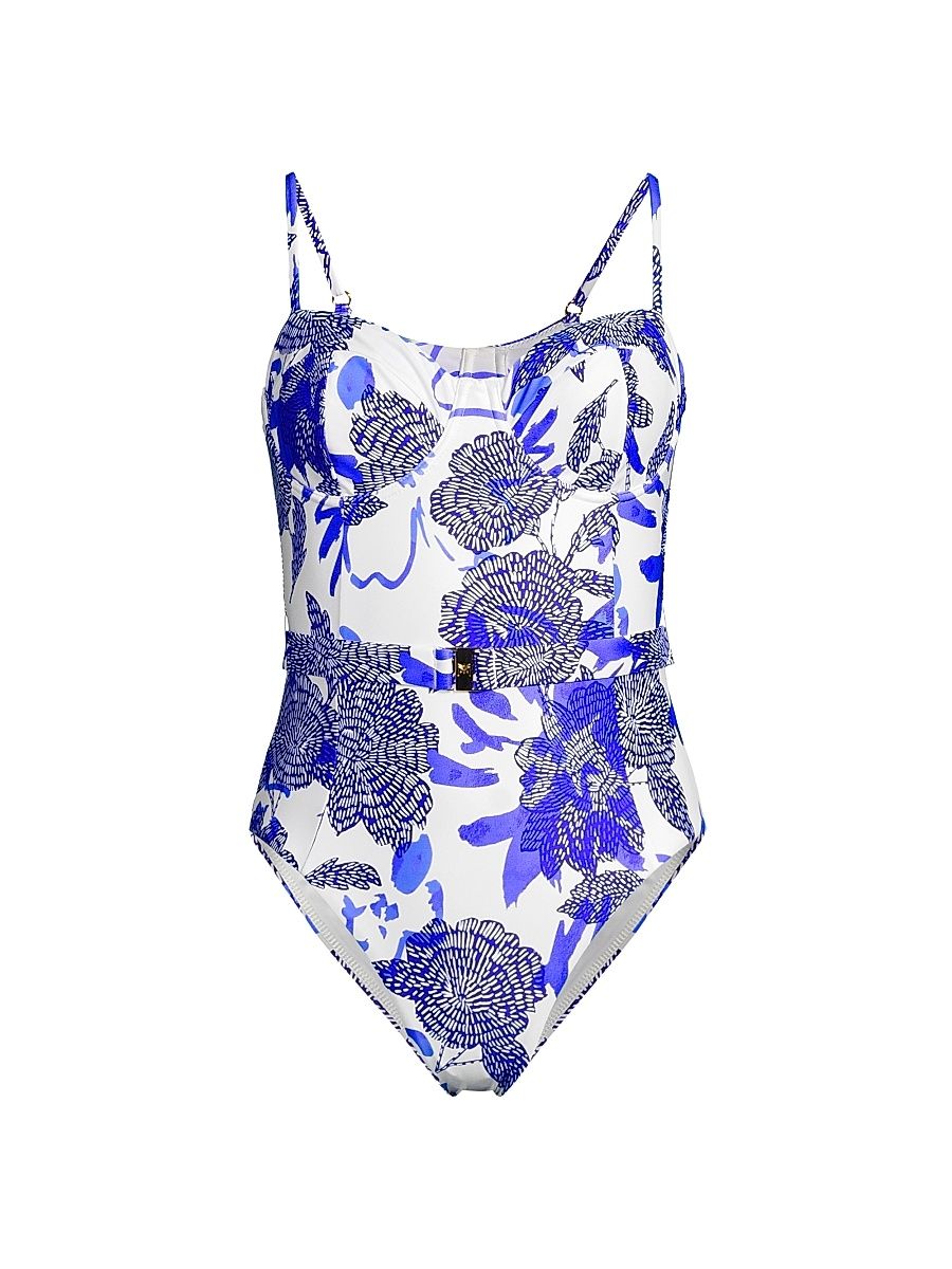 Women's Brushwork Floral Belted One-Piece Swimsuit - Blue Multi - Size Large