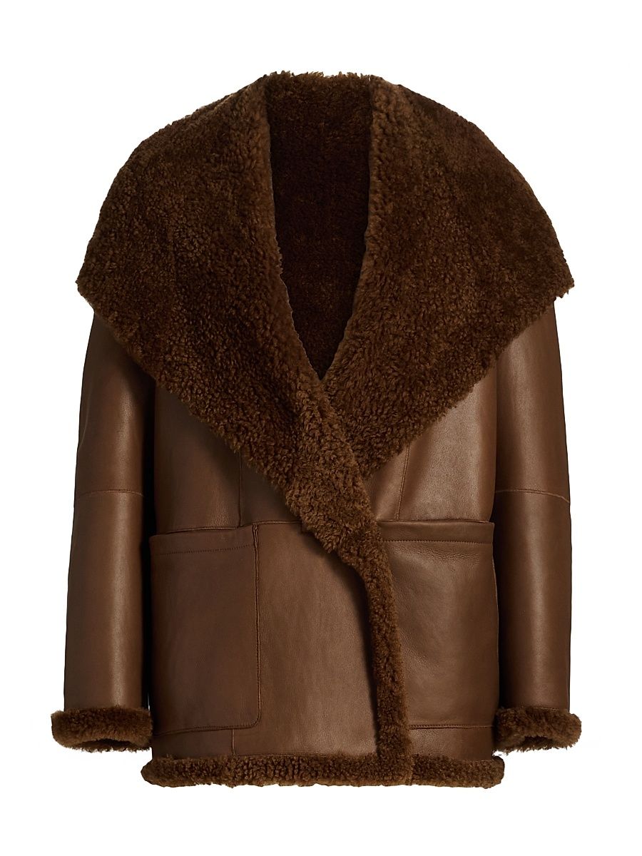 Women's Shearling Hooded Jacket - Cognac Espresso Combo - Size Small