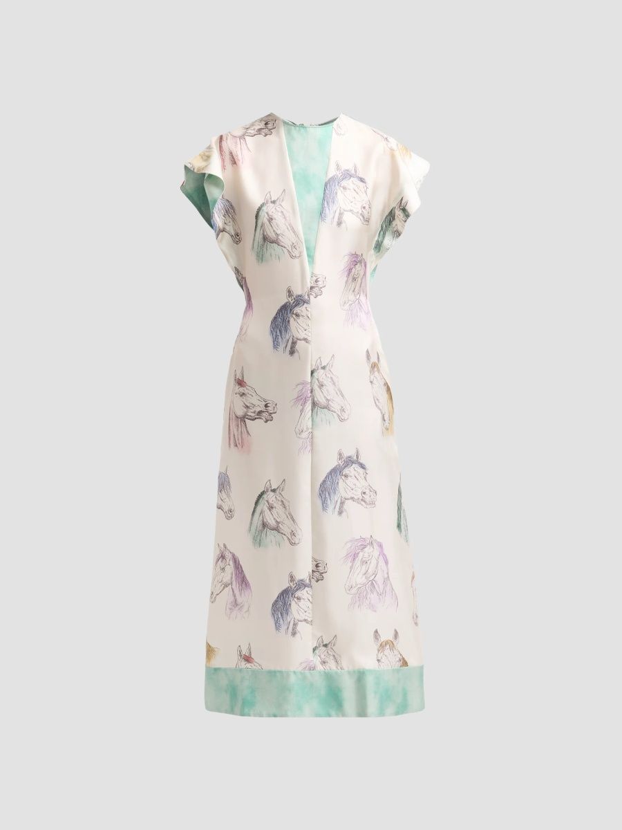 Moschino Women's Horse Print Flutter-Sleeve Midi Dress - Multi Ivory - Size 12