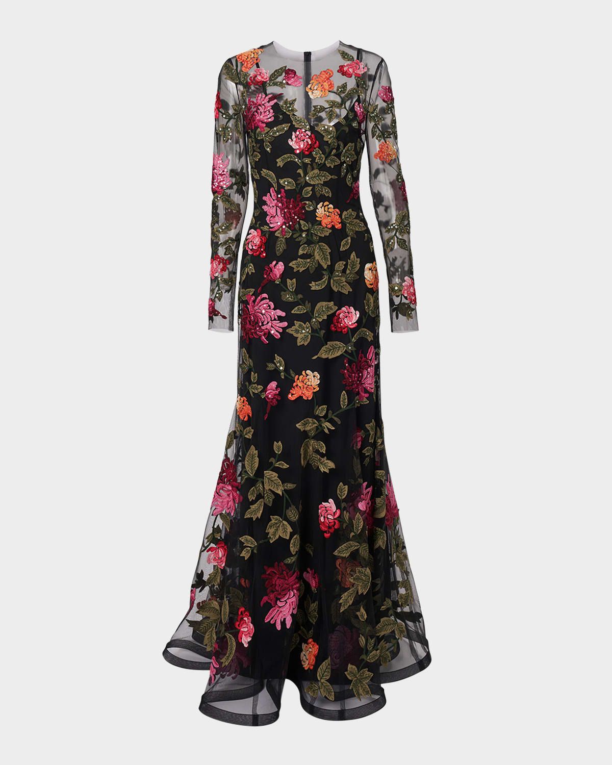 Floral-Embroidered Tulle Gown