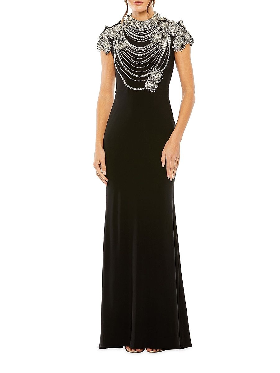 Women's Embellished Crepe Column Gown - Black - Size 16