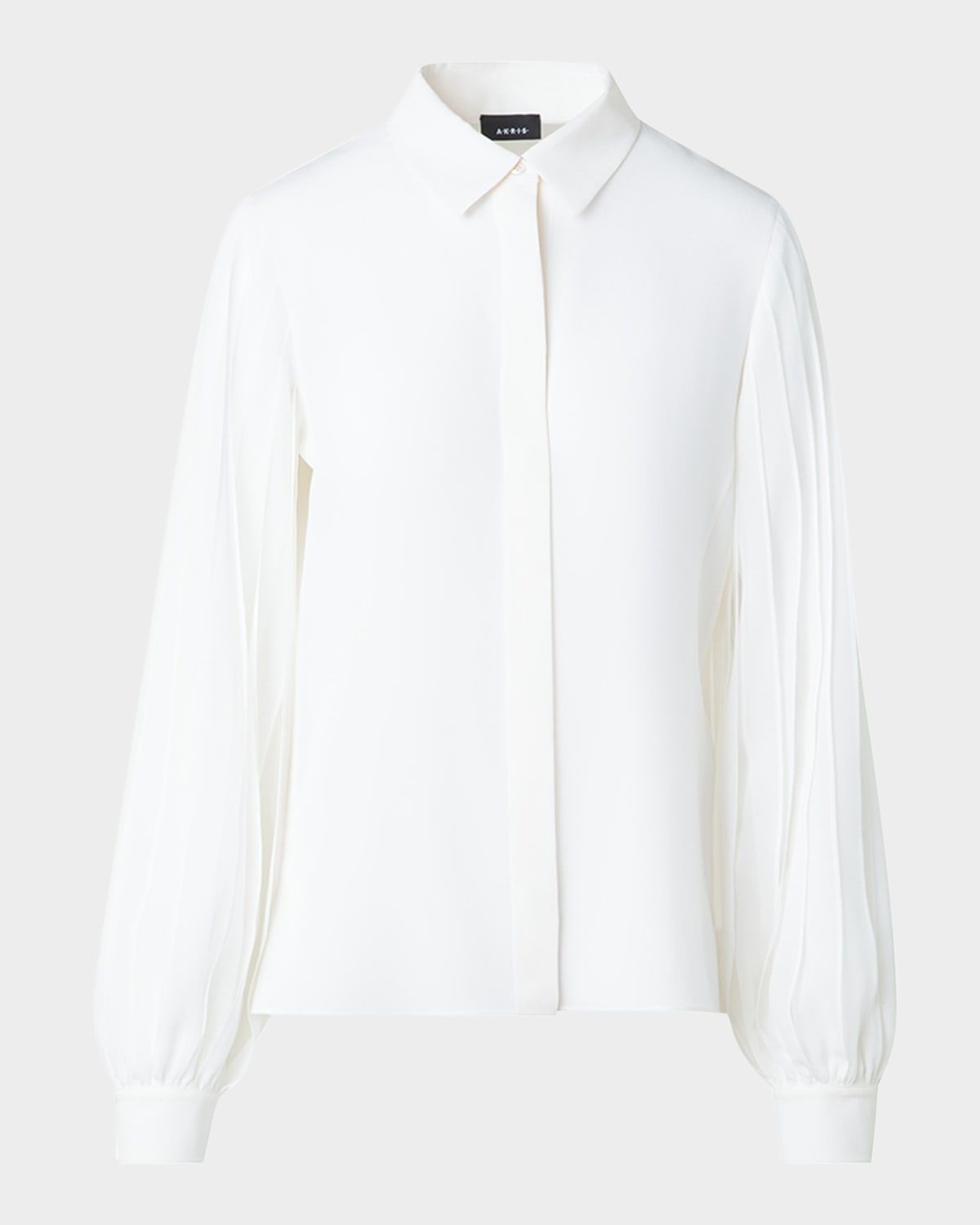 Silk Crepe Pleated-Sleeve Blouse