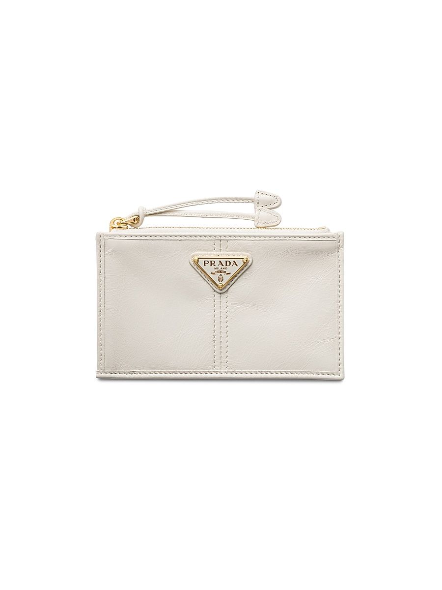 Women's Leather Card Holder with Zipper - White