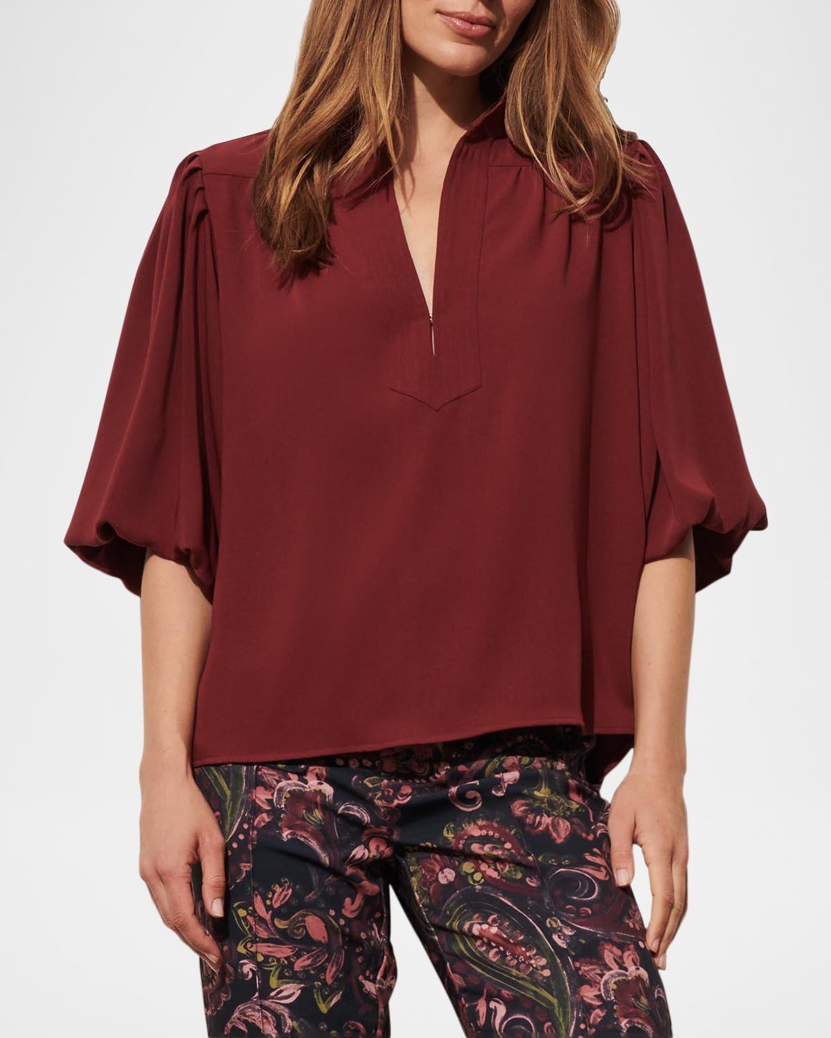 Dani Lantern-Sleeve Split-Neck Top