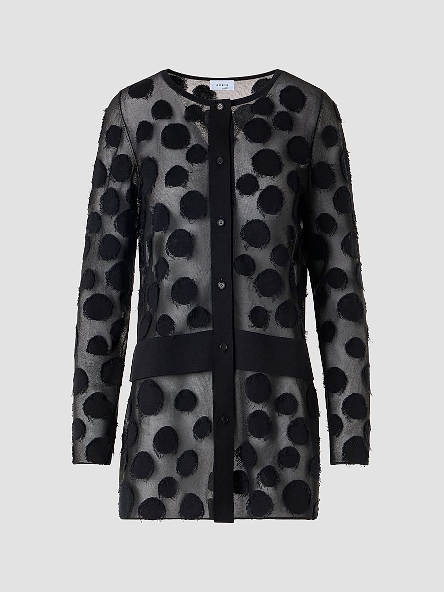 Women's Polka Dot Intarsia-Knit Tulle Cardigan - Black - Size 16