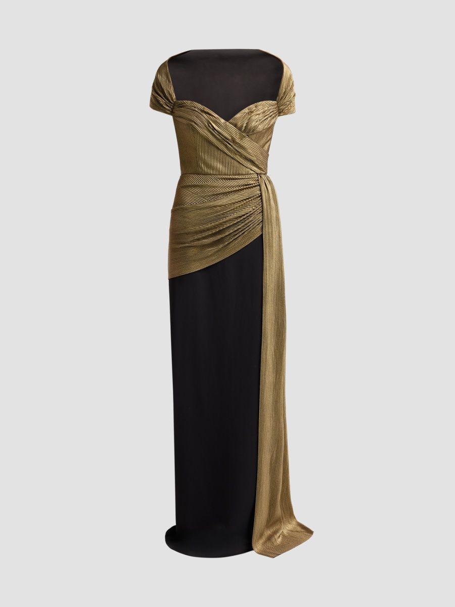 Badgley Mischka Women's Lamé Draped Off-Shoulder Gown - Black Gold - Size 16