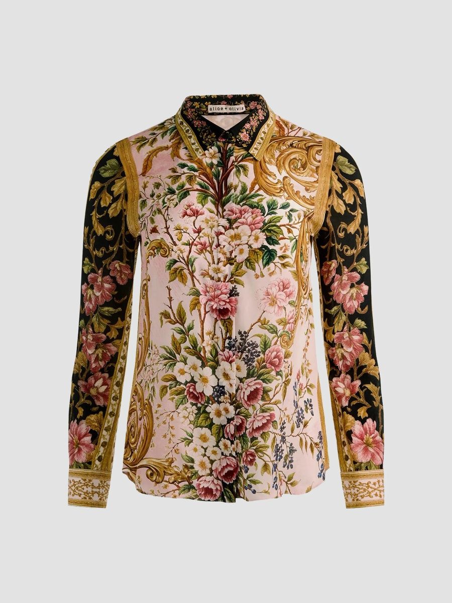 ALICE + OLIVIA Women's Willa Floral Silk Button-Front Top - True Grandeur - Size XL