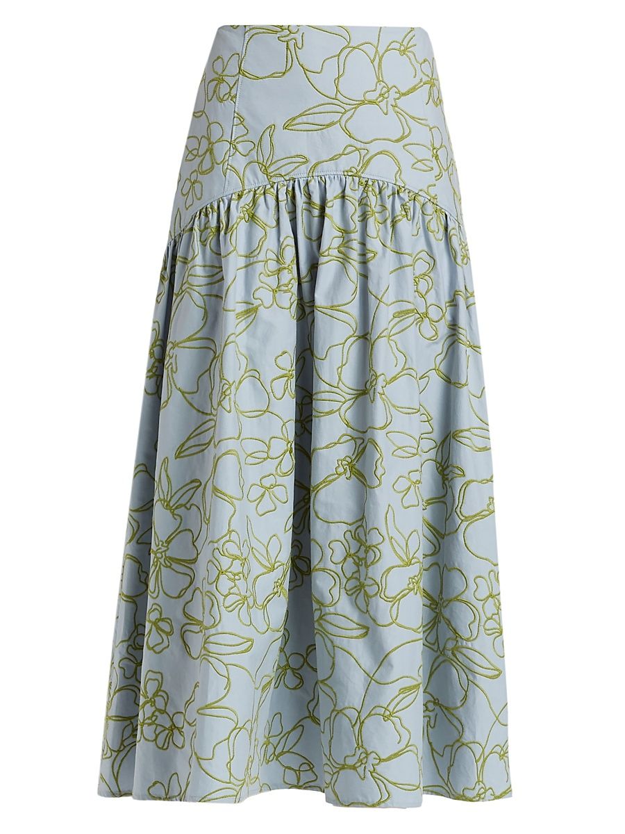 Women's Zoanne Linework Floral-Embroidered Cotton Midi-Skirt - Bluebell Pear Green - Size 12