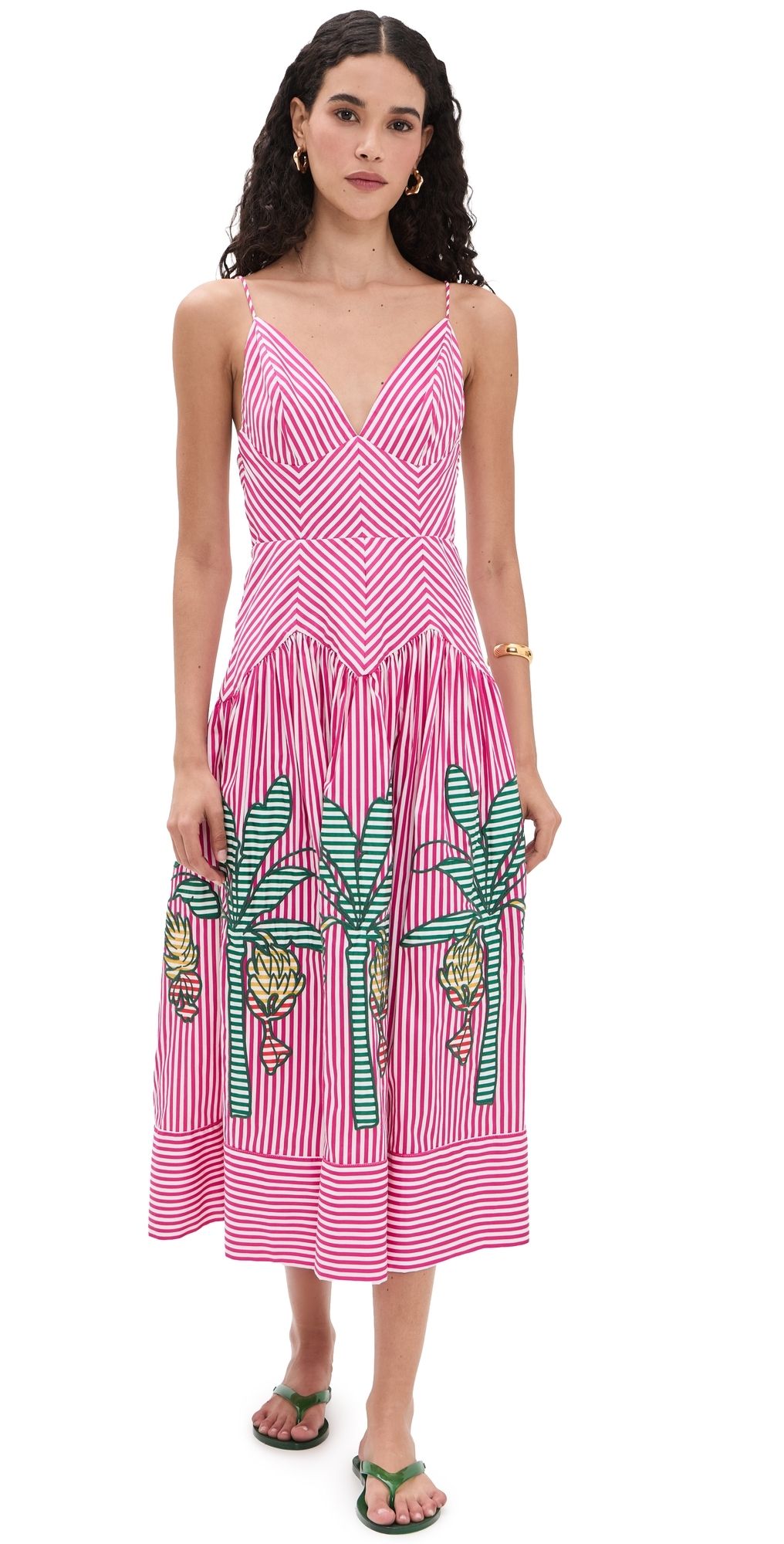 FARM Rio Palm Tree Cutwork Stripes Midi Dress Multi XL