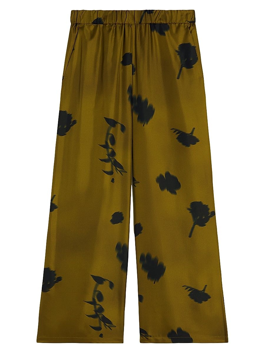 Women's Printed Silk Twill Trousers - Olive Green Floral Print - Size 16