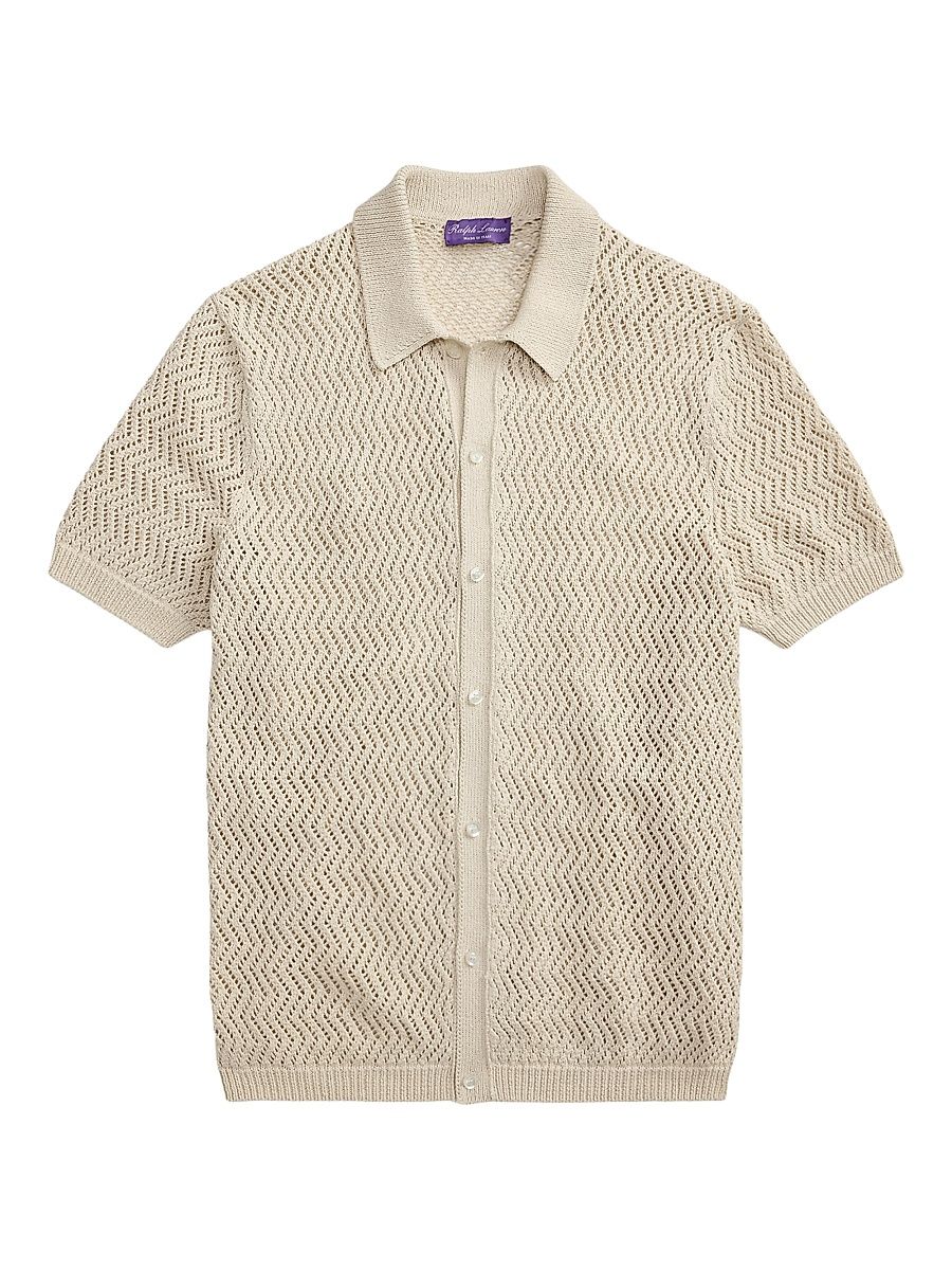 Men's Textured Cotton Short-Sleeve Cardigan - Limestone - Size XL