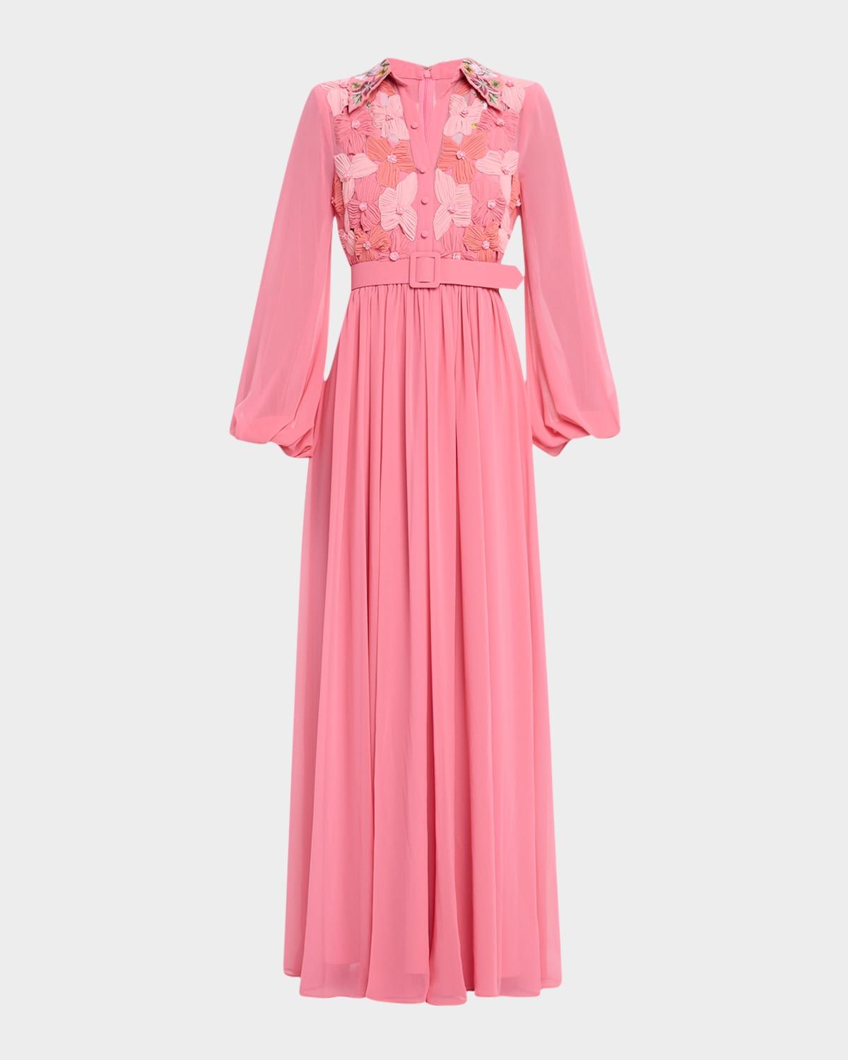 Belted Floral-Embroidered Shirt Gown