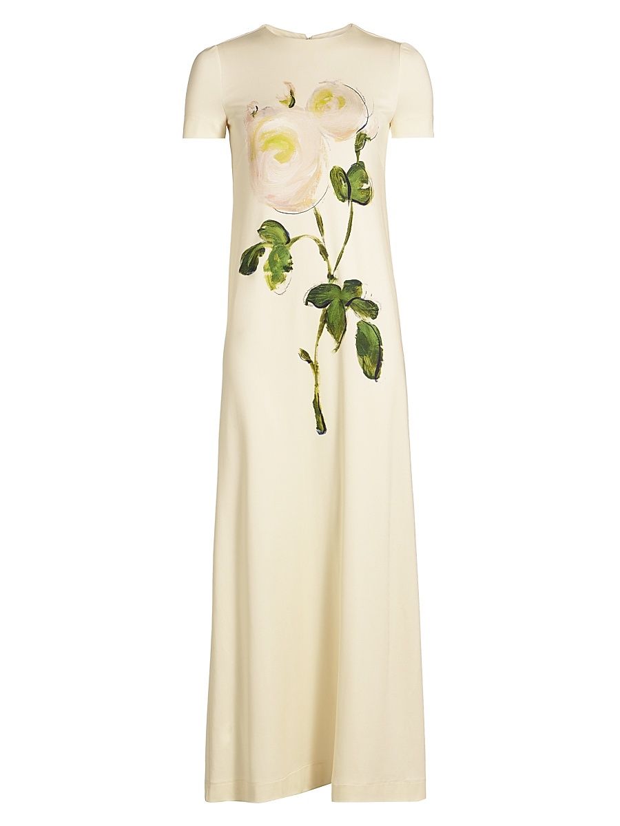 Women's Painted Roses Jersey Maxi Dress - White Ivory - Size 6