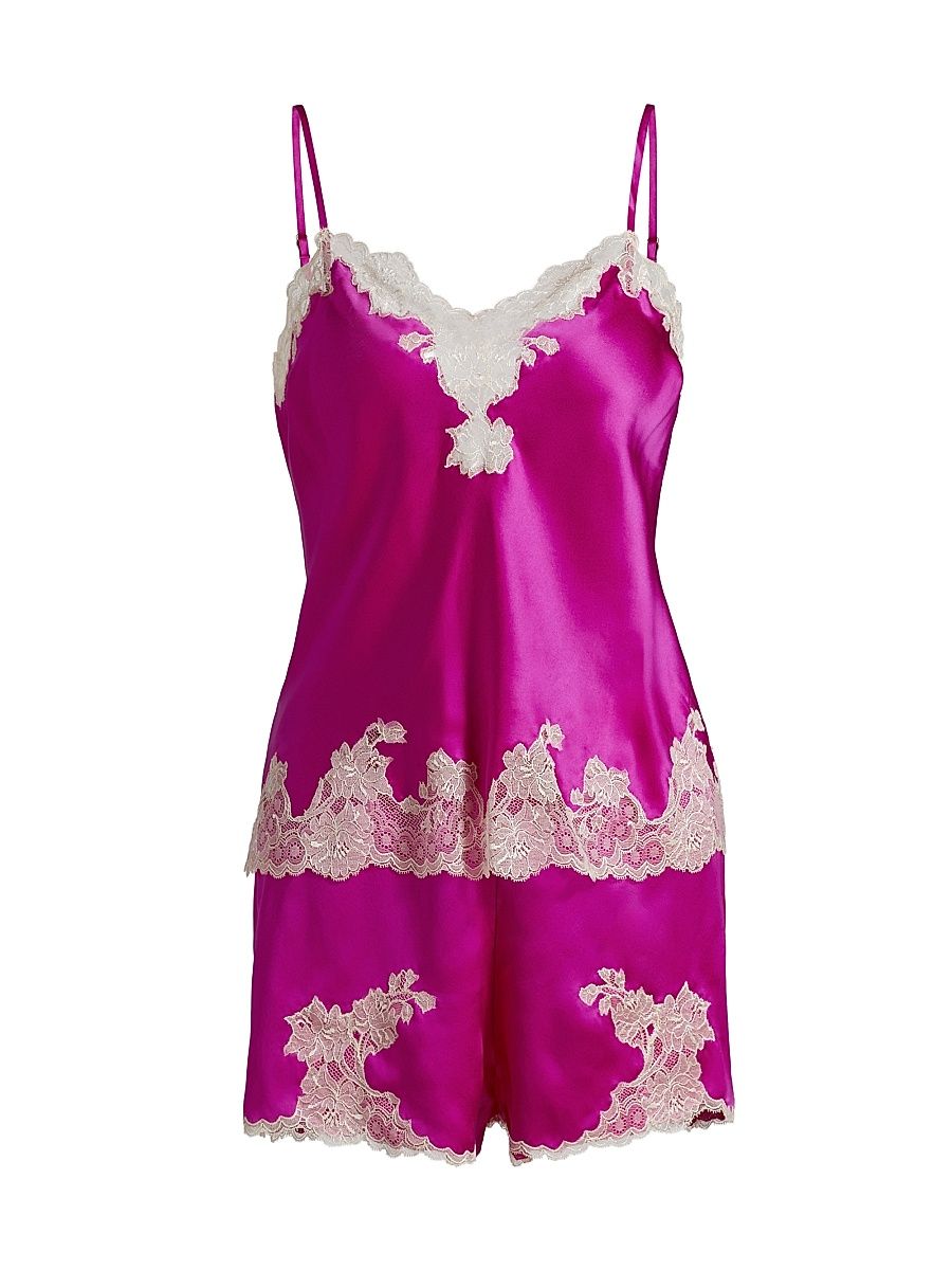Women's Lolita Silk-Lace Camisole & Shorts Set - Hot Pink - Size Large
