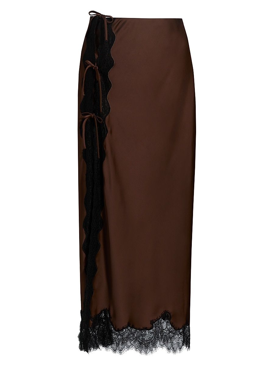 Women's Calder Bow-Detail Lace-Trim Satin Midi-Skirt - Chocolate Brown - Size Small