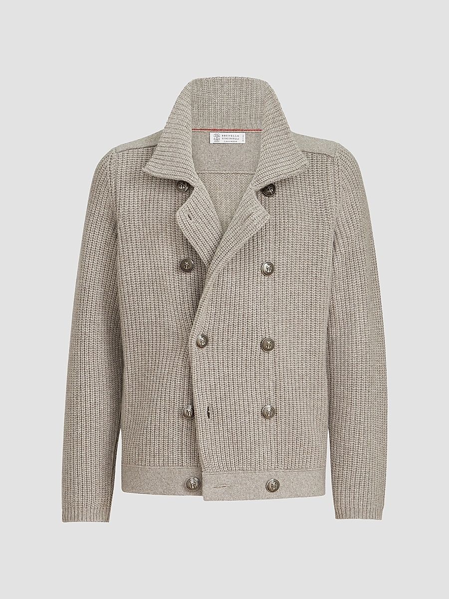Men's Cashmere Half English Rib Mariner Cardigan - Light Brown - Size 44